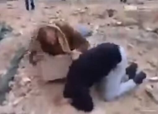 صورة صادمه لعنصر حوثي أمام حفرة مقتل نصر الله