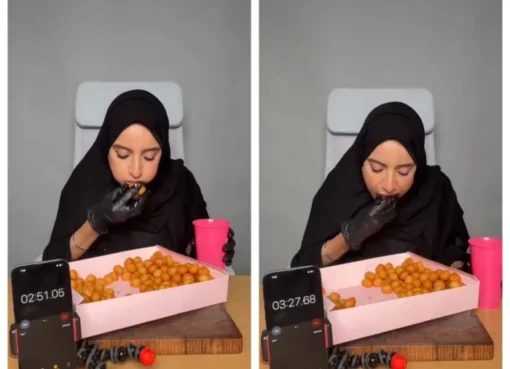 شاهد: التيك توكر رنا مطر تتناول 100 حبة لقيمات في 9 دقائق فقط